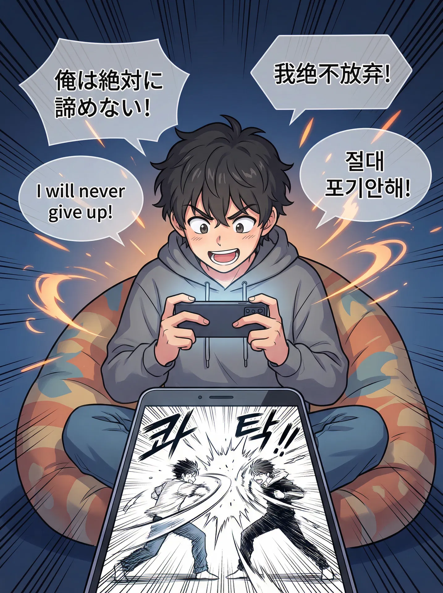 男孩使用沉浸式翻译阅读热血漫画