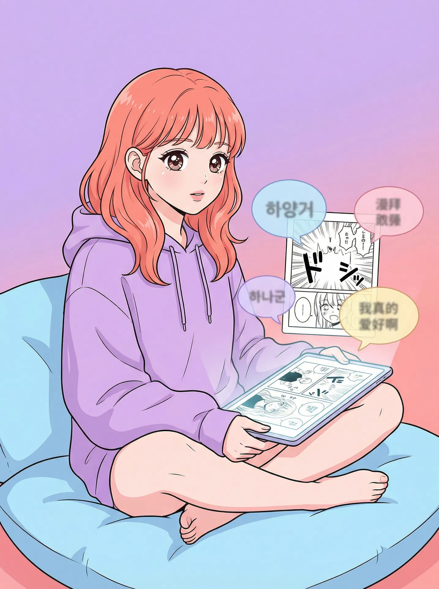 女生使用沉浸式翻译阅读爱情漫画